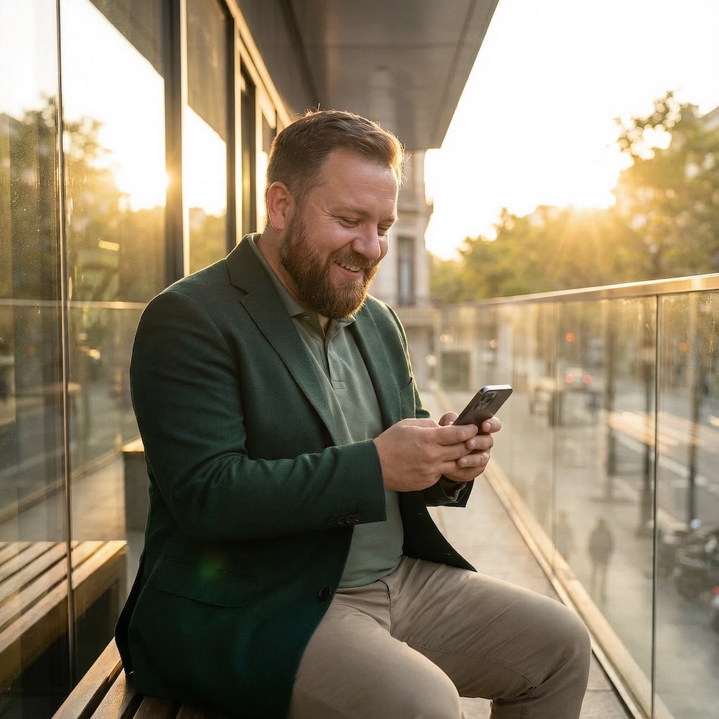 Mann sitzt auf Balkon an belebter Strasse und benutzt Smartphone.